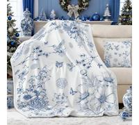 yuboo Blue White Spring Summer Floral Throw Blanket, Chinoiserie Flower Gifts for Women Kids Girls, Soft Flannel Hummingbird Blanket for Nautical French Country Coastal Spring Decor, 50 x 60 in