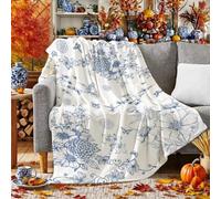 yuboo Blue White Spring Summer Floral Throw Blanket, Chinoiserie Flower Gifts for Women Kids Girls, Soft Flannel Hummingbird Blanket for Nautical French Country Coastal Spring Decor, 50 x 60 in