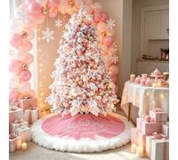 yuboo Pink Christmas Tree Skirt 48 Inch, Large Faux Fur Christmas Tree Rug | Plush Christmas Decorations, White Snowflakes Fluffy Christmas Tree Base Cover for Indoor Xmas Holiday Party Home Decor
