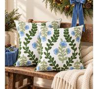 yuboo Spring Floral Embroidered Throw Pillow Covers 18x18 Set of 2, Sage Green and Blue Botanical Tufted Decorative Cushion Cases, Boho FarmhouseDecor for Couch Living Room Sofa Bed
