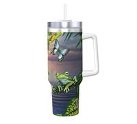 YUBVCF Many Frogs Sing On The Branches Summer Butterflies Lake Water Printing 40oz Stainless Steel Tumbler Double Wall Vacuum Insulated Mug with Handle and 2 in 1 Straw Lid