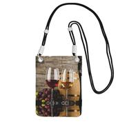 YUBVCF Red Wine Galsses & Grapes With Wooden Printing Small Phone Crossbody Shoulder Holsters Bag,Fits All Cell Phones,Use For Running,Walking,Biking