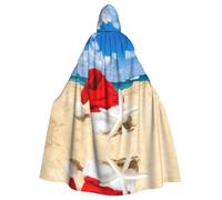YUBVCF Santa Hat On The Beach And Starfish Printing Adult Halloween Hooded Cloak 57.8 Inches, Large Hood Parties Cloak,Masquerade Themed Carnivals