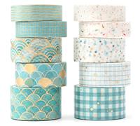 YUBX 10 Rolls Washi Tape Set Creative Gold Foil Decorative Tapes Masking Tape Sets for Craft, Kids, Scrapbook, Bullet Journal, DIY, Gift Wrapping (Bronzing Blues)