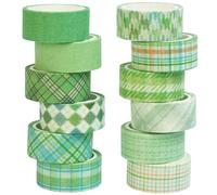 YUBX Basic Grid Washi Tape Set 12 Rolls Plaid Decorative Masking Tapes for Arts, DIY Crafts, Journals, Planners, Scrapbook, Wrapping (Green)