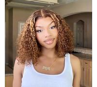 yuccy #4/27 Highlight Curly Bob Wig Human Hair 13x4 HD Lace Front Wig Pre Plucked Deep Wave Human Hair Bob Wig for Black Women 250 Density Brown 16 Inch