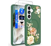 Yucenx for S26 Floral Phone Case with 2X Screen Protector, Military Grade Magnetic Translucent Matte Girls Women Flower Pattern Protective Cover for S26(Midnight Green)