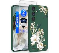 Yucenx for Samsung Galaxy S25 FE 5G Case with 2X Screen Protector, Girls Women Florals Liquid Silicone Phone Case, Shockproof Anti-Scratch Soft Protection Case for Galaxy S25 FE 5G (Midnight Green)