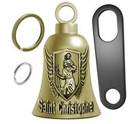 Yuchew Motorcycle St Christopher Guardian Luck Bell Biker Car Key Chain Ring Accessories with Motorcycle Bell Hanger, Brass Color, Medium