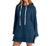 YuchiFa Oversized Hoodie Dress for Women Long Sleeve Pullover Split Hem Hooded Sweatshirt with Pocket Casual Fall Winter Outfit (Navy Blue,XL)