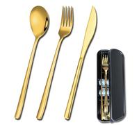 YUDANSI Gold Cutlery Sets, 3 Piece Stainless Steel Flatware Set For Children‘s Kids Adult, Easy Clean Mirror Polished Dishwasher Safe Fork Spoon Knife Set Service For Travel Picnic Office School Lunch