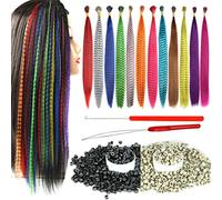 YUDAOHAIR Synthetic Feather Hair Extensions for Women 16 Inch with 100 Silicone Micro Link Beads and 2 Crochet Hooks Hair Feathers with Tool Set (16 inch, 12 Feather Colors)
