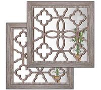Yudarte 2pcs Set Square Cutout Wall Mirror Decor - Farmhouse Rustic Decorative Mirrors for Bedroom Bathroom Living Room Kitchen Entryway 12x12 Inches