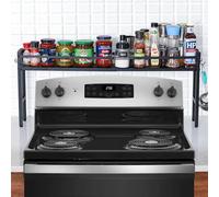 yudeke Stove Top Shelf, Extendable Spice Rack for Kitchen - Adjustable Over-the-Stove Shelf with 4 Hooks, Seasoning Organizer Countertop, Extra Space Saver (Black)