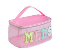 YUDEYG Medicine Bag, Portable Meds Bag with Chenille Letters, Breathable Mesh Makeup Bag Organizer for Travel, Pill Storage & Cosmetic Collection, Pink, 9.45 x 5.91 x 4.72 inches