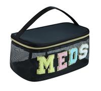 YUDEYG Medicine Bag, Portable Meds Bag with Chenille Letters, Breathable Mesh Makeup Bag Organizer for Travel, Pill Storage & Cosmetic Collection, Black, 9.45 x 5.91 x 4.72 inches, Portable Makeup Bag