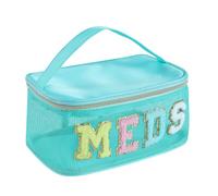 YUDEYG Medicine Bag, Portable Meds Bag with Chenille Letters, Breathable Mesh Makeup Bag Organizer for Travel, Pill Storage & Cosmetic Collection, Lake Blue, Portable Makeup Bag