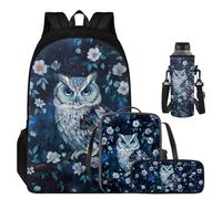 YUDINGFIN Owl Backpack for Boys Backpack with Lunch Box Elementary School Backpacks Flower Bookbag with Pencil Bag Water Bottle Sleeve Waterproof 4 in 1 Book Bags for Younger Brother