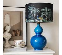 YUDIZWS Blue Gourd Ceramic Table Lamp with Peacock Palm Print Drum Lampshade 3 Colour Changing Push Button Bedside Lamp E27 Base Vintage Desk Lamp for Bedroom Living Room Home Decor,Blue