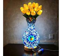 YUDIZWS Retro Turkish Mosaic Vase Lamp with Tulip Bouquet 2-in-1 Handmade Stained Glass Night Light USB & Battery Operated Decorative Accent Lamp for Bedroom Living Room