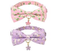 YUDOTE 2 Pack Floral Pet Collar with Bow Tie & Charm - Pink/Lilac Daisy Patterns, Adjustable Breakaway Safety Collar for Cats/Kittens & Small Dogs