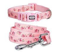 YUDOTE Floral Dog Collar and Lead Set Medium,Strong Pink Nylon Collar and Leash Combo for Active Female Dogs Daily Use,Floral Pink
