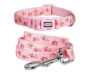YUDOTE Floral Dog Collar and Lead Set Medium,Strong Pink Nylon Collar and Leash Combo for Active Female Dogs Daily Use,Floral Pink