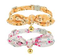 YUDOTE Soft Cotton Cat Collar with Removeable Hand-tied Bowtie,Pack of 2 Kitty Collars with Safety Quick Release Buckle and Bell,Yellow,White Floral Patterns