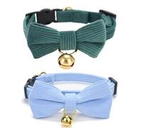 YUDOTE Ultra-Soft Cat Collars, Small 19-28cm, Blue & Green 2 Pack | Natural cotton corduroy for felines with sensitive skin, safety quick-release clasp, removeable bow and bell, adjustable fit