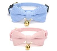 YUDOTE Ultra-Soft Cat Collars, Small 19-28cm, Blue & Pink 2 Pack | Natural cotton corduroy for felines with sensitive skin, safety quick-release clasp, removeable bow and bell, adjustable fit