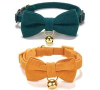 YUDOTE Ultra-Soft Cat Collars, Small 19-28cm, Green & Orange 2 Pack | Natural cotton corduroy for felines with sensitive skin, safety quick-release clasp, removeable bow and bell, adjustable fit