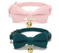 YUDOTE Ultra-Soft Cat Collars, Small 19-28cm, Green & Pink 2 Pack | Natural cotton corduroy for felines with sensitive skin, safety quick-release clasp, removeable bow and bell, adjustable fit