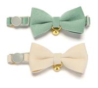 YUDOTE Ultra-Soft Cat Collars, Small 19-28cm, White & Sage Green 2 Pack | Natural cotton corduroy for felines with sensitive skin, safety quick-release clasp, removeable bow and bell, adjustable fit