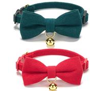 YUDOTE Ultra-soft Collar Natural Cotton Corduroy Made for Cats with Sensitive Skin,Lightweight Kitty Collars with Quick-release Buckle and Removeable Bow-tie,Green,Red Pack of 2