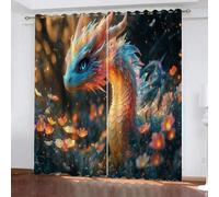 YUEAHOL Animal Dragon Blackout Curtains, Flame Flower Thermal Insulated Curtains 110 x 140 cm Eyelet Window Treatments for Boys Girls Kids Bedroom Living Room, 2 Pieces