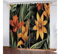 YUEAHOL Orange Flower Curtains Thermal Insulated Ring Top Blackout Curtains 3D Green Plant Leaves Printed Microfiber Blackout Fabric Eyelet Window Drapes 150 x 160 cm, 1 Pair