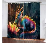 YUEAHOL Winged Dragon Curtains Thermal Insulated Ring Top Blackout Curtains 3D Flame Flower Printed Microfiber Blackout Fabric Eyelet Window Drapes 150 x 160 cm, 1 Pair