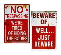 YUEBAOWAN Halloween Decorations Outdoor: 2 Pack Halloween Signs Vintage-Retro Outdoor Patio Garden Party or Indoor Decor - No Trespassing We're Tired of Hiding The Bodies & Beware of Well Just Beware