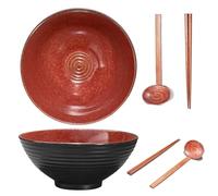 Yuecda 2 Sets 8 Inch Ceramic Ramen Bowl Set of 2, 40oz Japanese Bowls with Spoons & Chopsticks,Durable,Microwave & Dishwasher Safe,Perfect for Ramen,Pho,Salad,Soup,Noodles，Mixing Bowls（Fiery Red）