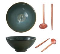 Yuecda 2 Sets 8 Inch Ceramic Ramen Bowl Set of 2, 40oz Japanese Bowls with Spoons & Chopsticks,Durable,Microwave & Dishwasher Safe,Perfect for Ramen,Pho,Salad,Soup,Noodles，Mixing Bowls（Cyan）