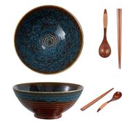 Yuecda 2 Sets 8 Inch Ceramic Ramen Bowl Set of 2, 40oz Japanese Bowls with Spoons & Chopsticks,Durable,Microwave & Dishwasher Safe,Perfect for Ramen,Pho,Salad,Soup,Noodles，Mixing Bowls（Peacock Tail）