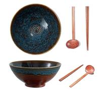 Yuecda 8 Inch Ceramic Ramen Bowl Set of 2, 40oz Japanese Bowls with Spoons & Chopsticks,Durable,Microwave & Dishwasher Safe,Perfect for Ramen,Pho,Salad,Soup,Noodles，Mixing Bowls