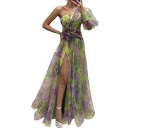 YUECIBAI Dresses For Women Elegant Women Evening Dress One Shoulder Layered Tie-Dye Flower Print Rose Mesh Split Hem Ball Gown Dress M Green