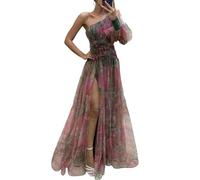 YUECIBAI Dresses For Women Elegant Women Evening Dress One Shoulder Layered Tie-Dye Flower Print Rose Mesh Split Hem Ball Gown Dress Xl Red