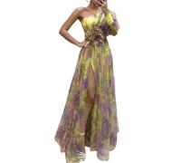 YUECIBAI Dresses For Women Elegant Women Evening Dress One Shoulder Layered Tie-Dye Flower Print Rose Mesh Split Hem Ball Gown Dress Xl Yellow