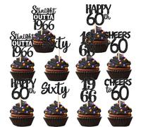 YUEcthynous Glitter Sixty Cupcake Toppers, 60th Birthday Cake Decoration Birthday Boy Girl, 1966 Cupcake Toppers 1966 Cupcake Picks Happy 60th Birthday Party Cake Decorations Accessories Black