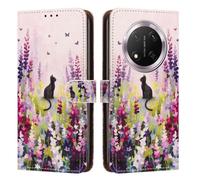 YUECXIN Case for Honor Magic 7 Lite 5G/Magic7 Lite, Flower Kitten Pattern PU Leathe Wallet Stand Flip Folio Cover, with Card Slots/Kickstand/Magnetic Close Shockproof Case. A5