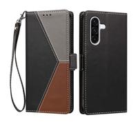 YUECXIN Case for Samsung Galaxy A17/Samsung A16, Retro Colour Block PU Leather Wallet Flip Case with Card Slots & Magnetic Closure, Wrist Strap, Shockproof Soft TPU Cover, Black