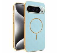 YUECXIN Magnetic Case for Google Pixel 10 Pro XL, Wireless Charging Compatible, Ultra-thin Soft Electroplated TPU Bumper with Leather Back Shockproof Cover, Blue