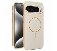 YUECXIN Magnetic Case for Google Pixel 11 Pro XL, Wireless Charging Compatible, Ultra-thin Soft Electroplated TPU Bumper with Leather Back Shockproof Cover, Khaki